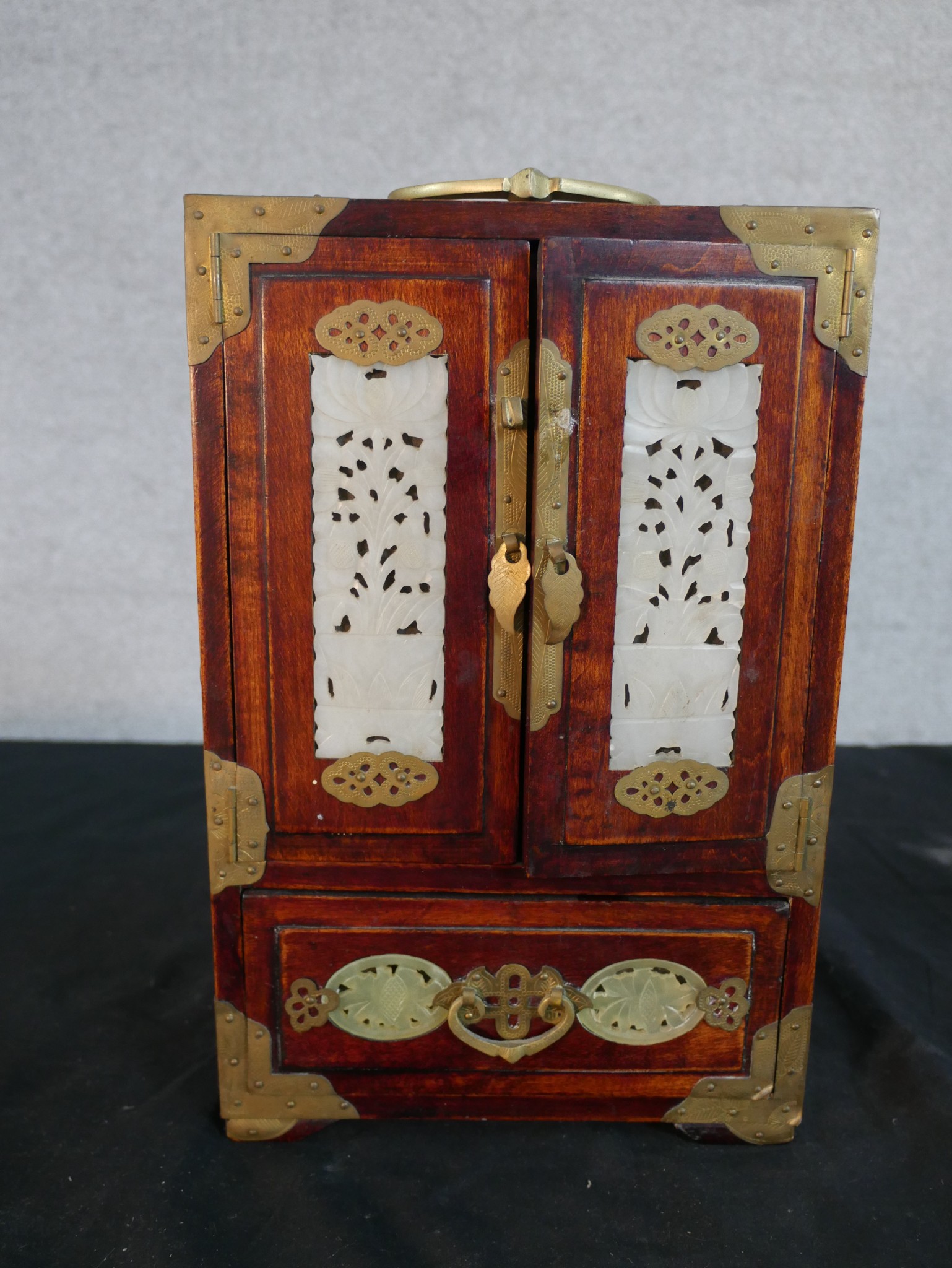 Three 20th century Chinese jewellery cabinets, with brass mounts and carved jade decoration, two - Image 8 of 21