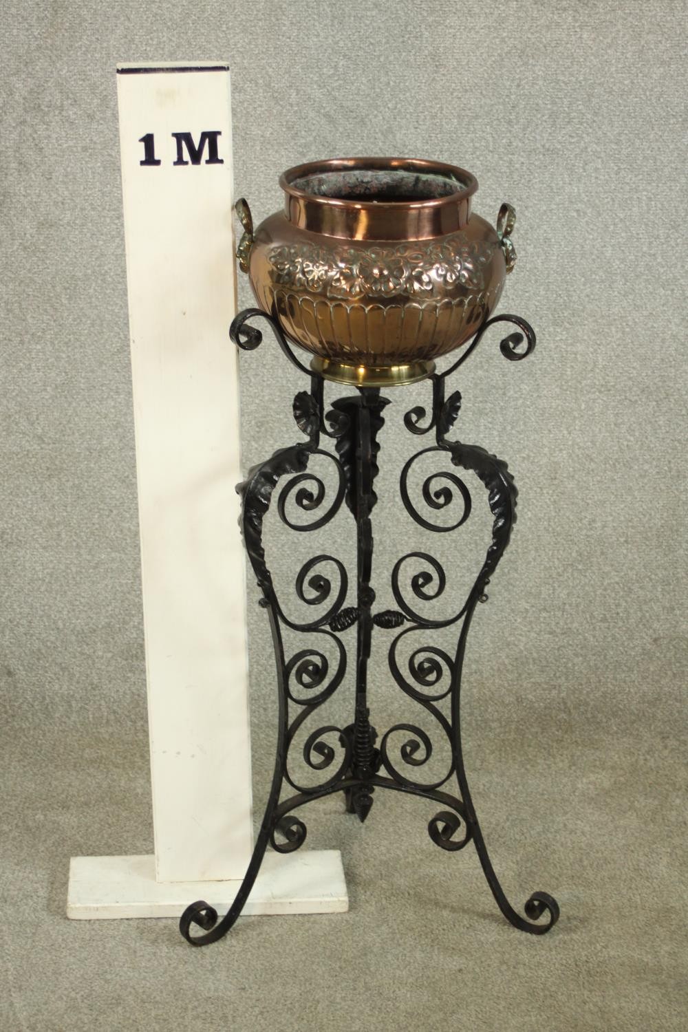 A late 19th / early 20th century copper planter, embossed with fluted decoration raised on painted - Image 2 of 6