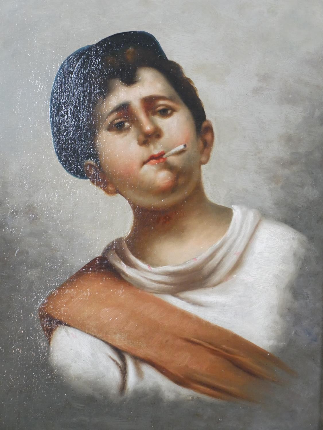 Unsigned, 19th century British school, Portrait of a boy smoking with blue cap, oil on canvas, in - Image 3 of 4