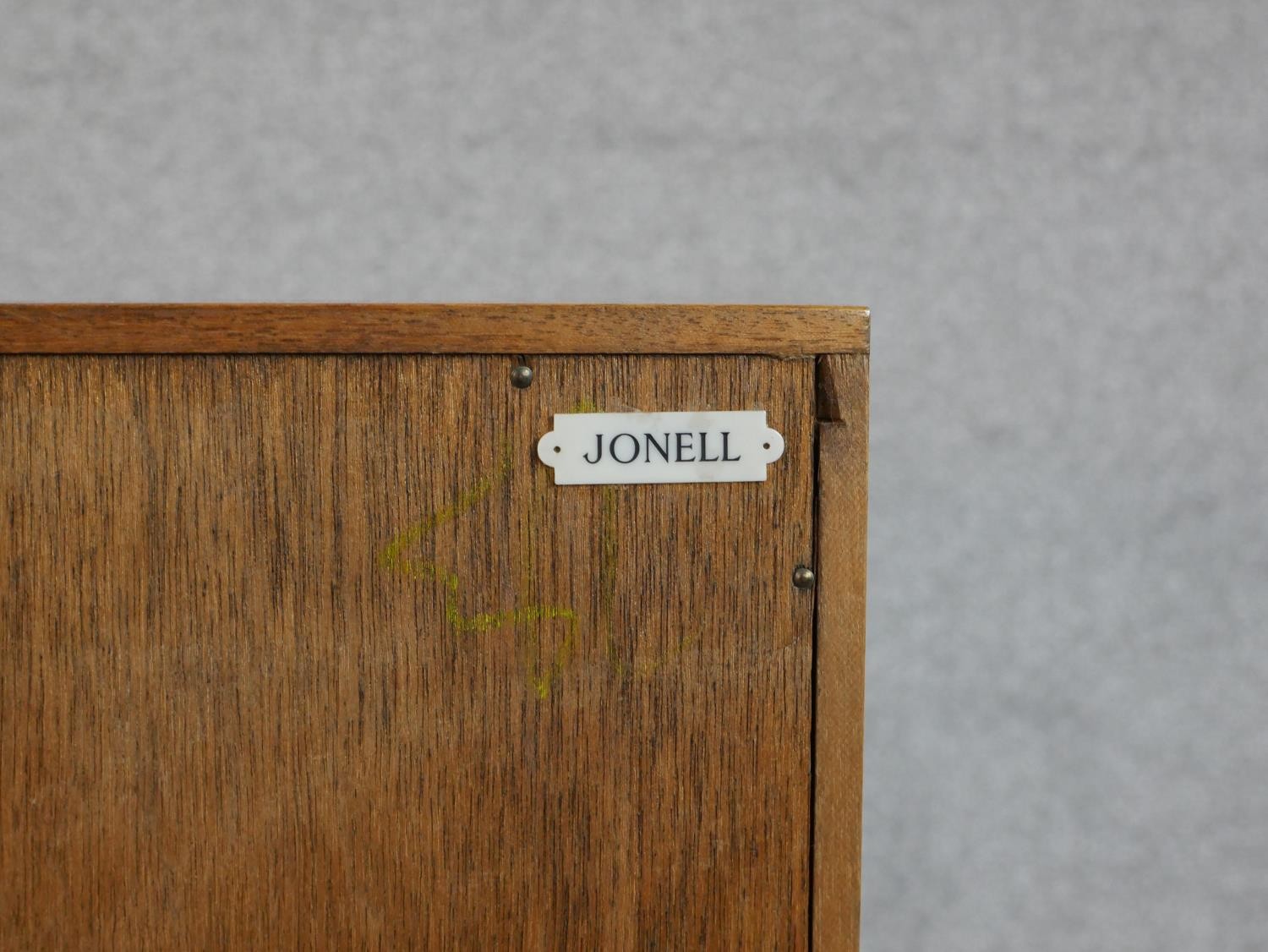 A pair of circa 1970s Jonell bookcases, with a pair of glass sliding doors enclosing shelves, on a - Image 8 of 8