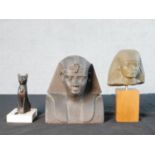 Three assorted Egyptian replica figures comprising an Egyptian cat raised on white base, a composite