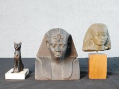 Three assorted Egyptian replica figures comprising an Egyptian cat raised on white base, a composite