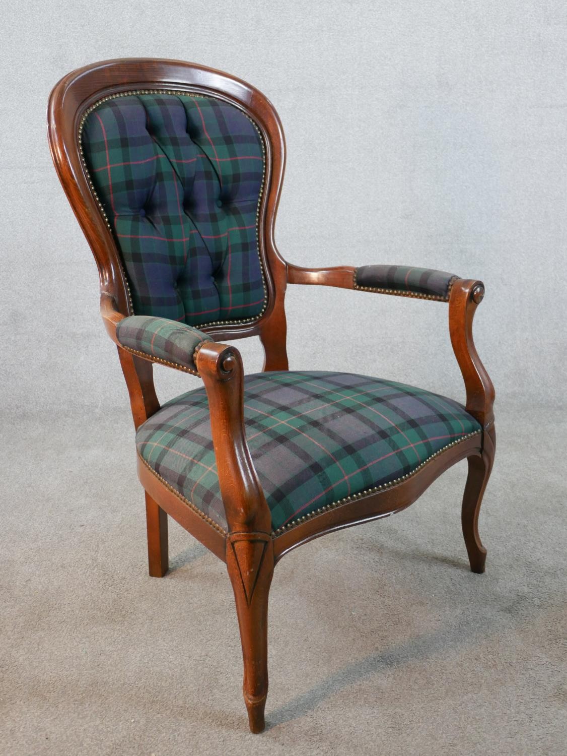A early Victorian mahogany fauteil armchair with button back tartan fabric, with open arms, raised - Image 5 of 6