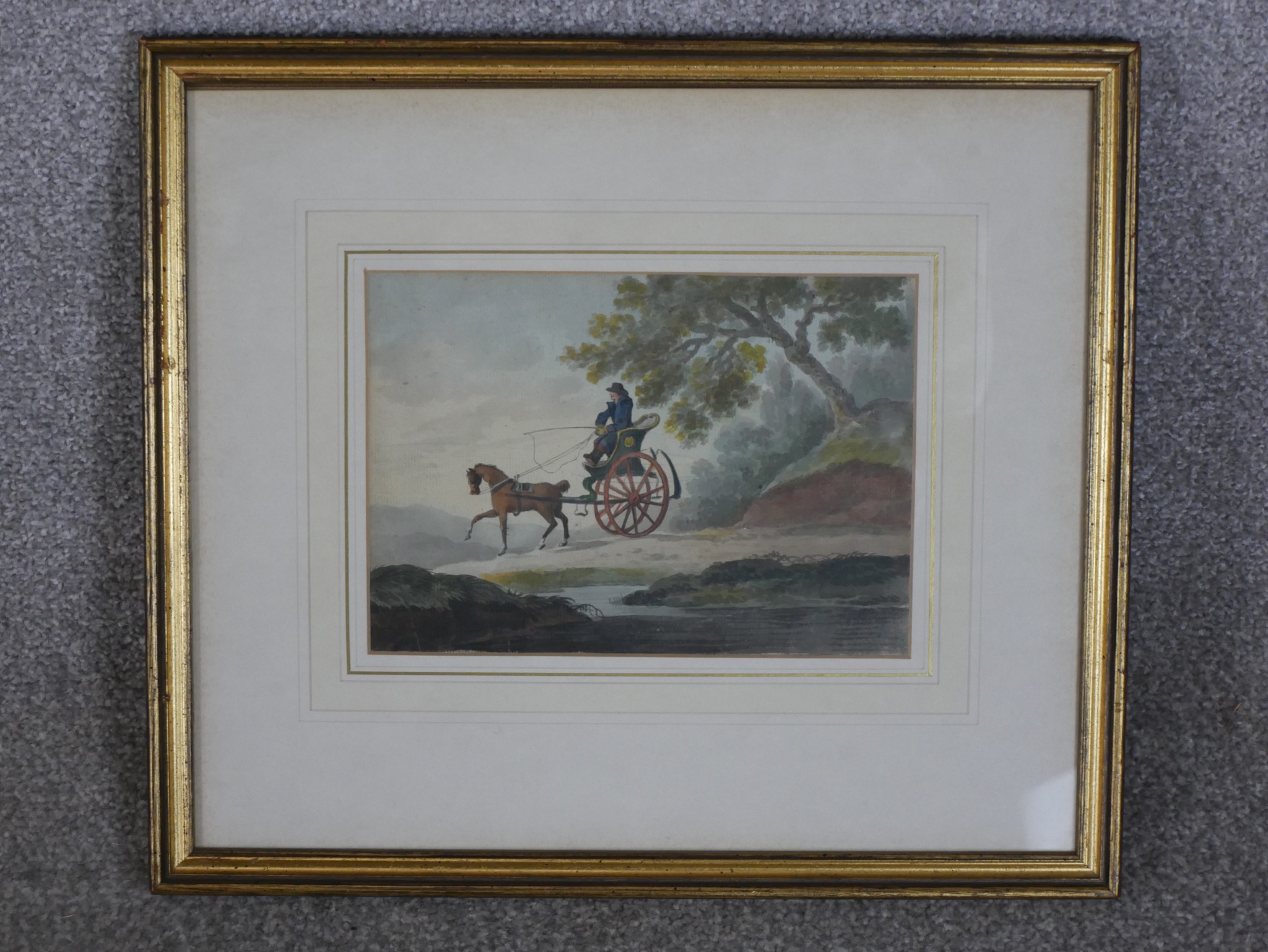 Two Victorian watercolours and one drawing. The watercolours of a horse drawn carriage and ladies - Image 7 of 8