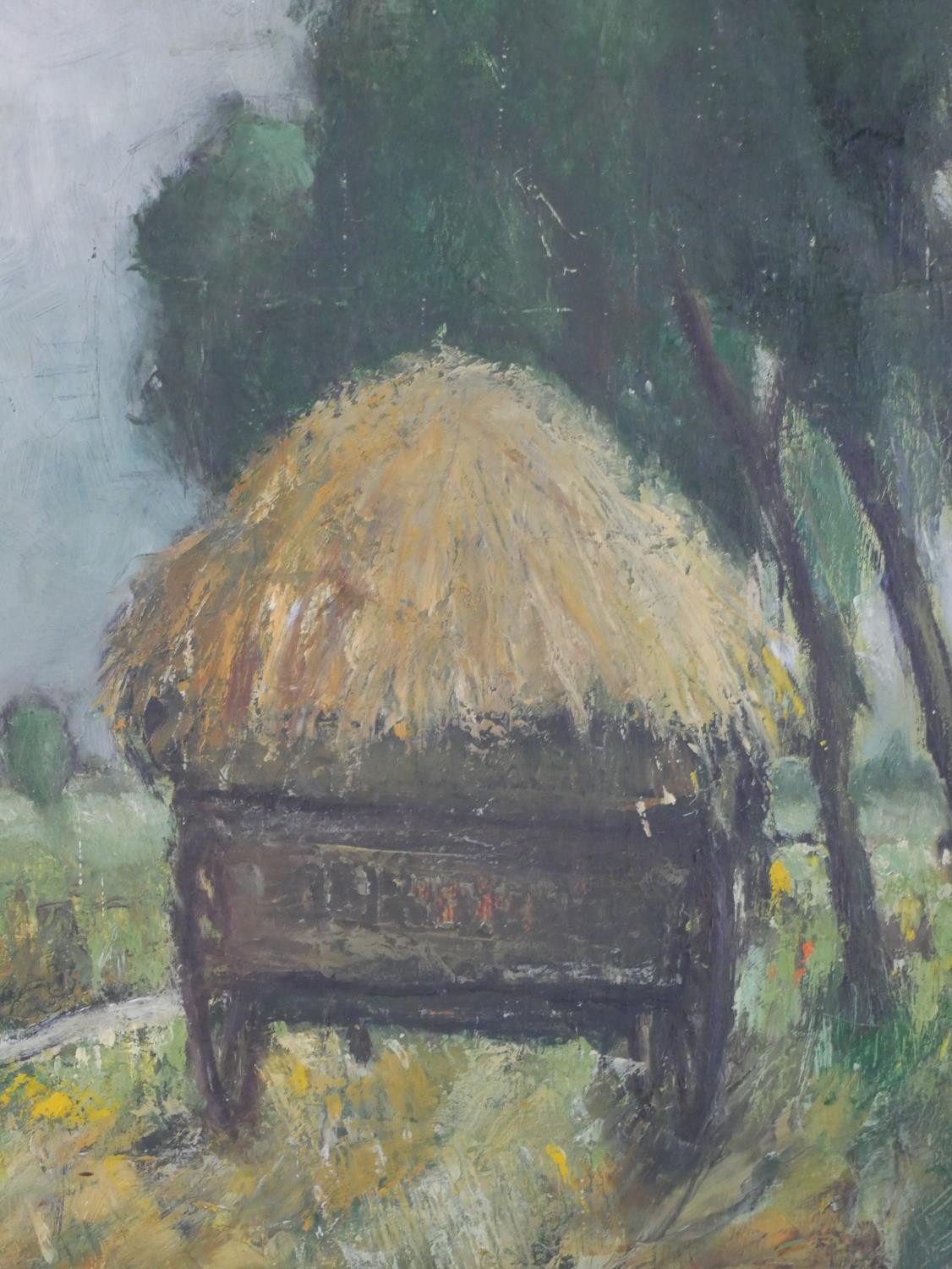 Rende, 20th century, Straw laden trailer on a track with village behind, oil on canvas, signed and - Image 4 of 7