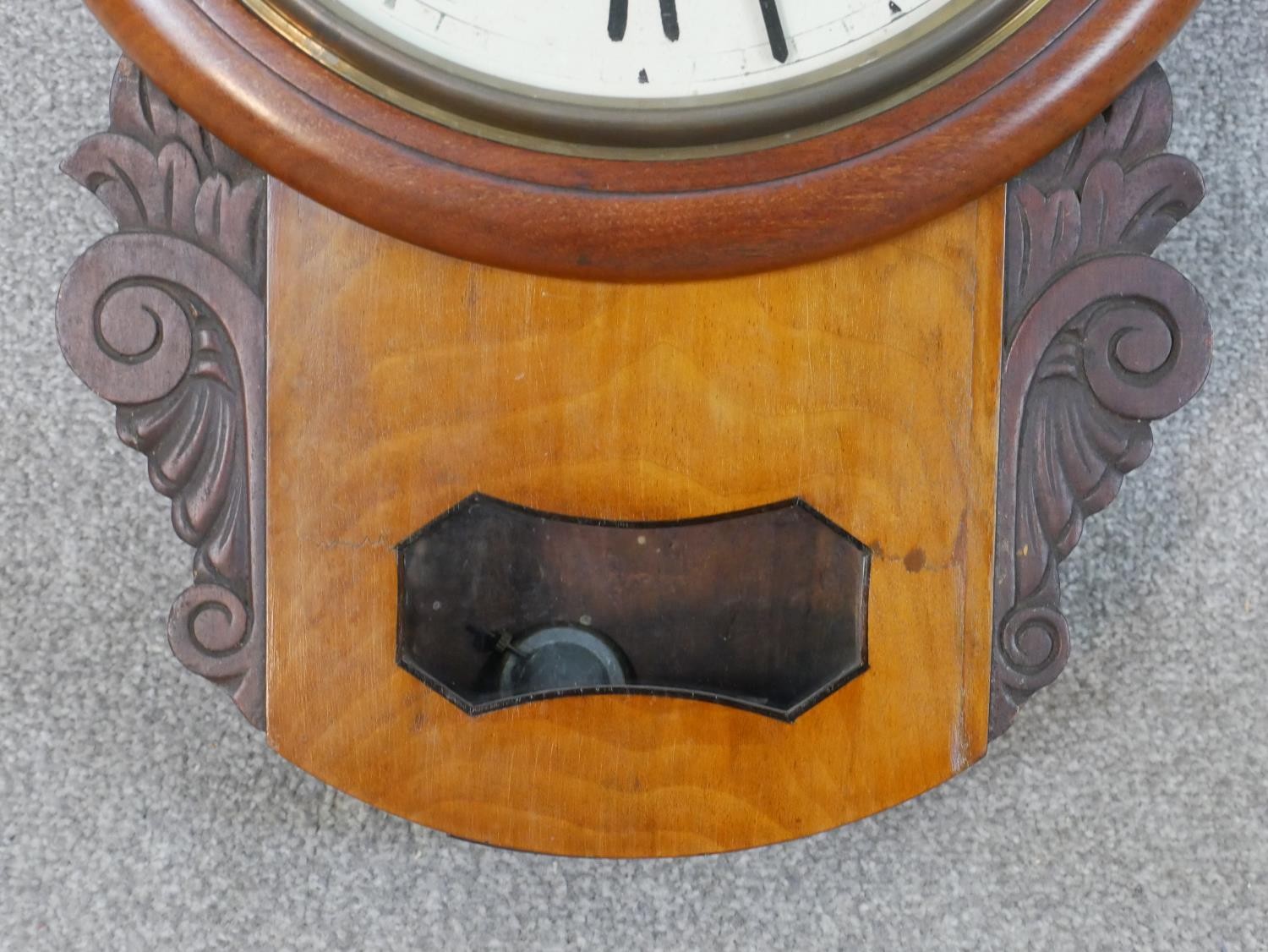 A late 19th/early 20th century drop dial wall clock, the enamelled dial with Roman numerals marked - Image 4 of 6