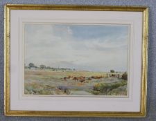 James Aumonier (1832 - 1911, British), Grazing cattle in the field with town behind, watercolour