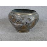 An early 20th century Japanese mixed metal jardinere with applied naturalistic bird decoration. H.27