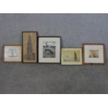 Five framed and glazed prints: J. Beattie Scott, hand coloured etching of sailing boats signed, an