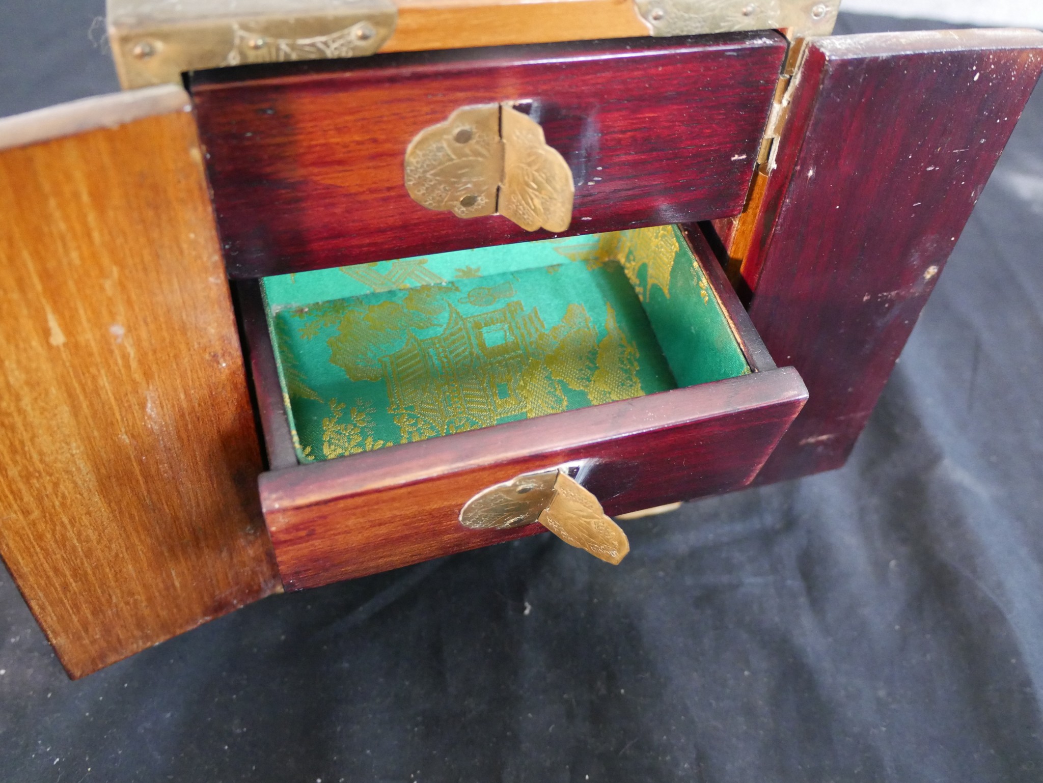 Three 20th century Chinese jewellery cabinets, with brass mounts and carved jade decoration, two - Image 20 of 21