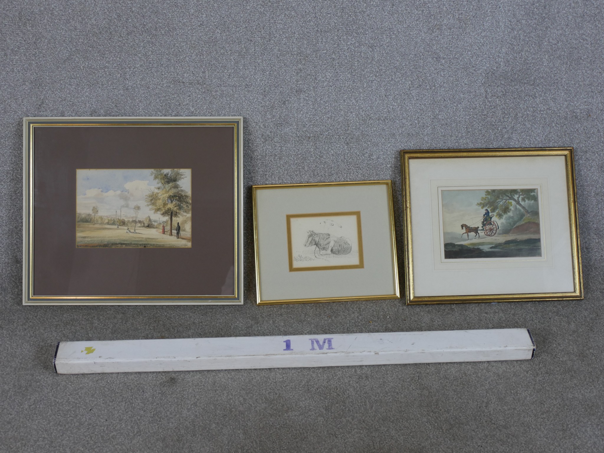 Two Victorian watercolours and one drawing. The watercolours of a horse drawn carriage and ladies - Image 2 of 8