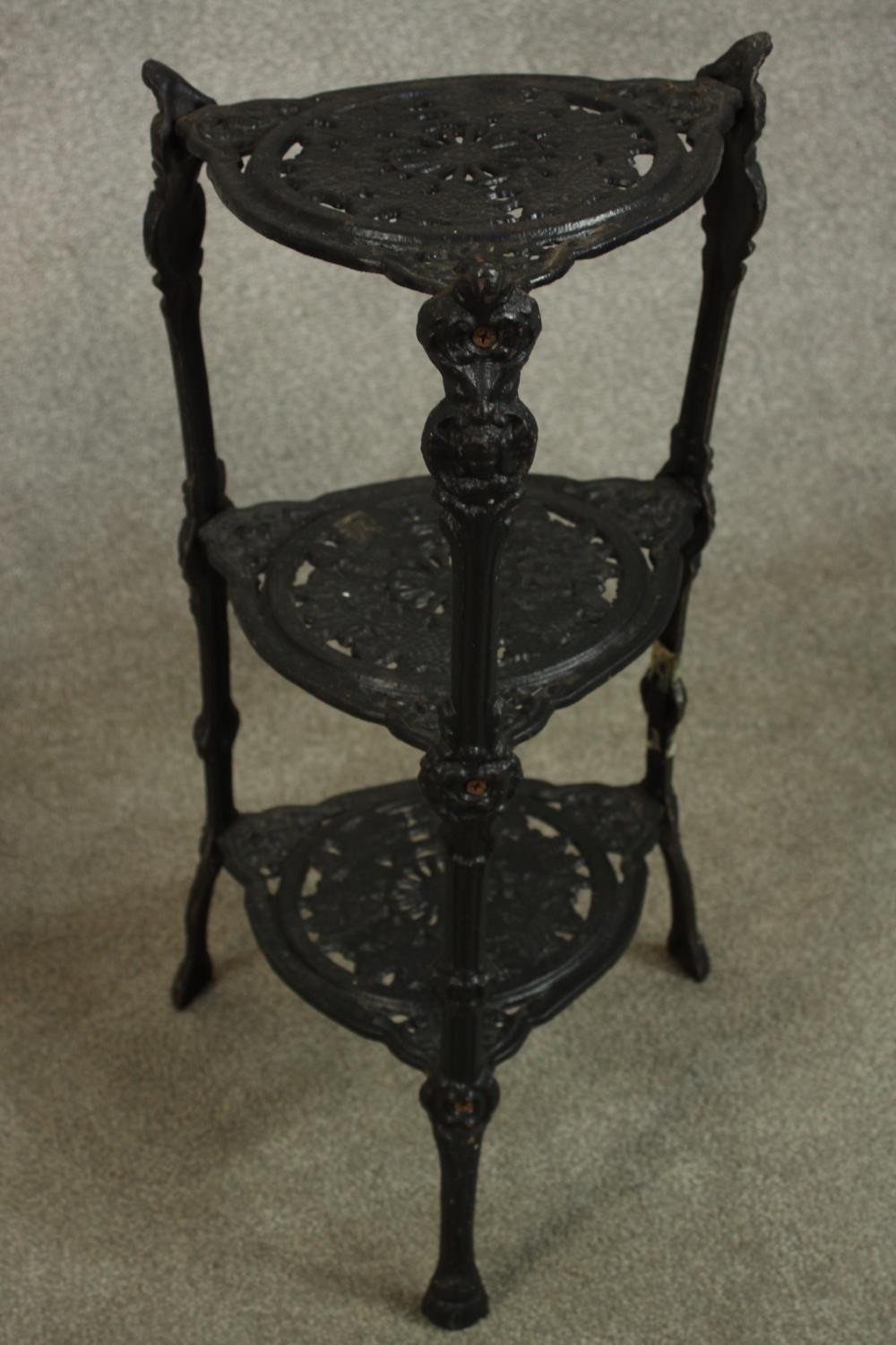 A pair of painted Victorin style pierced iron three tier saucepan holders raised on outswept - Image 6 of 8