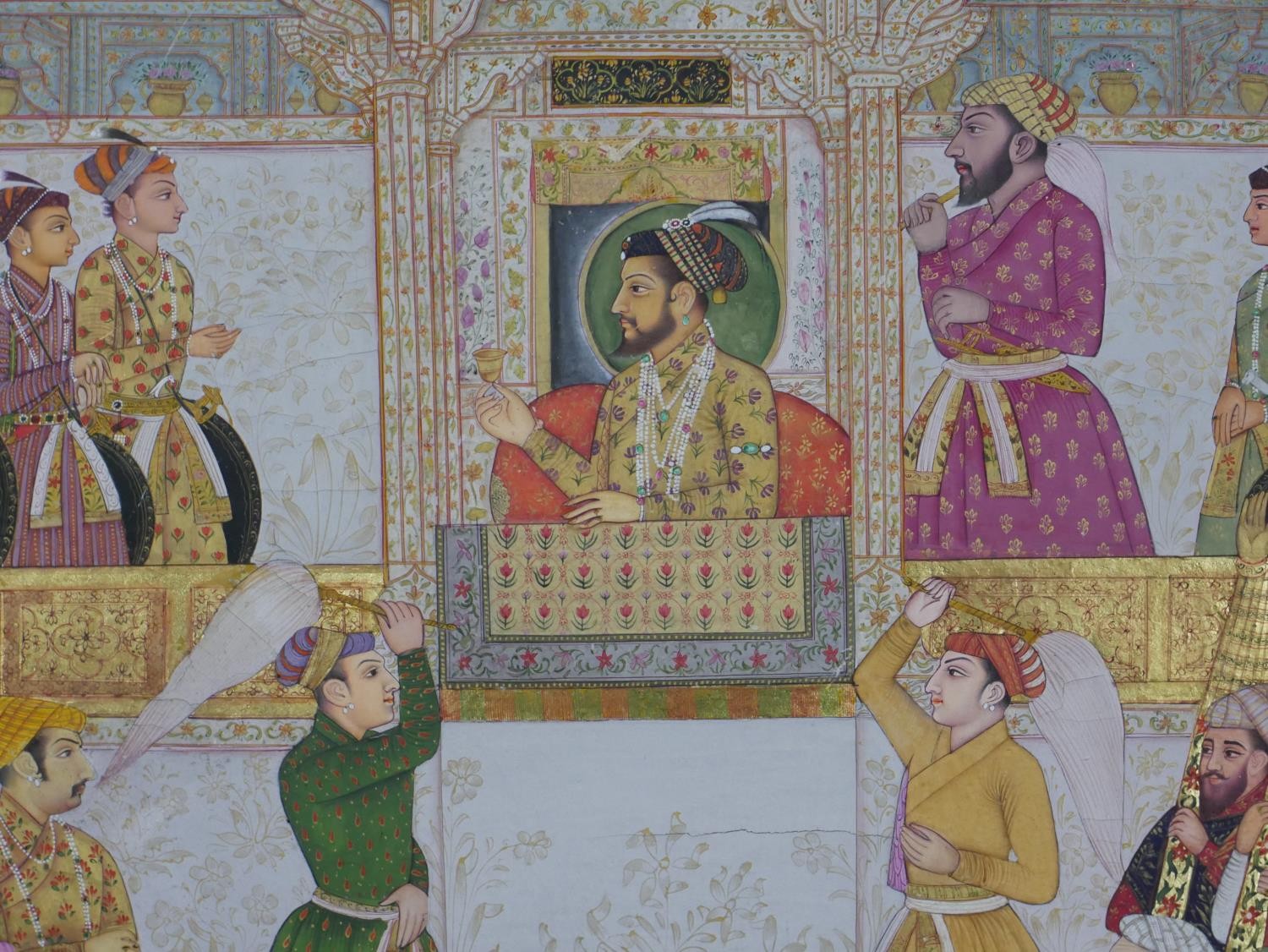 Mougal School, Europeans bring gifts to Shah Jahan, mixed media on paper, framed H.75 W.58.5cm - Image 4 of 7