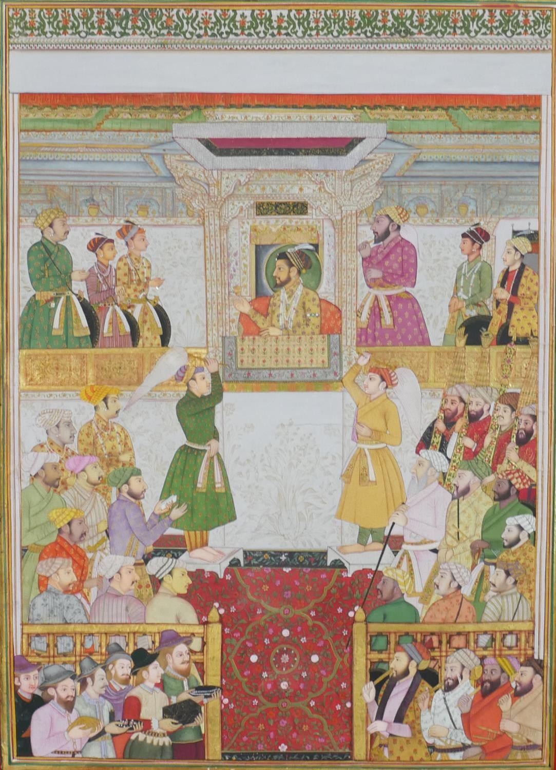 Mougal School, Europeans bring gifts to Shah Jahan, mixed media on paper, framed H.75 W.58.5cm - Image 2 of 7