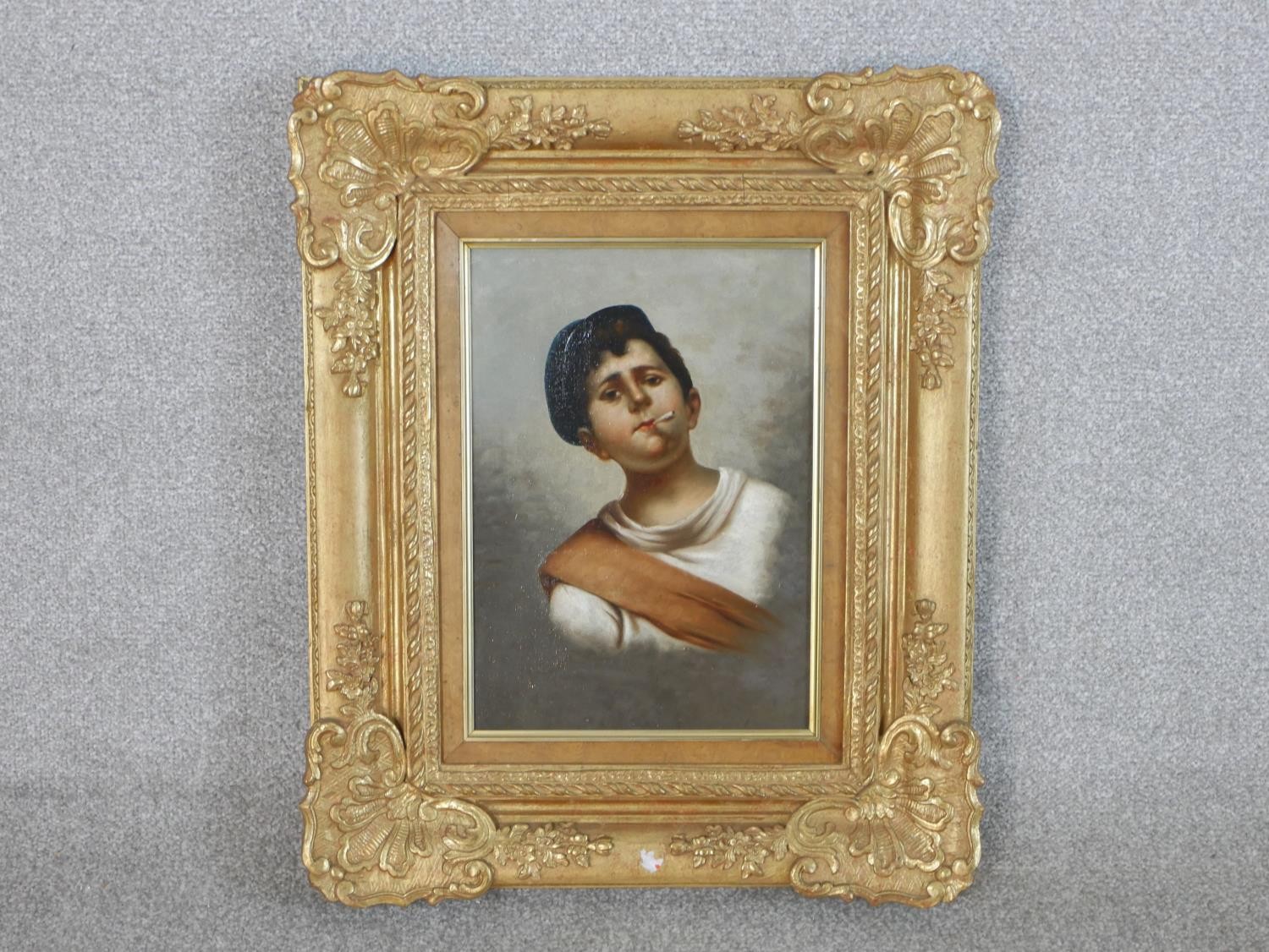 Unsigned, 19th century British school, Portrait of a boy smoking with blue cap, oil on canvas, in