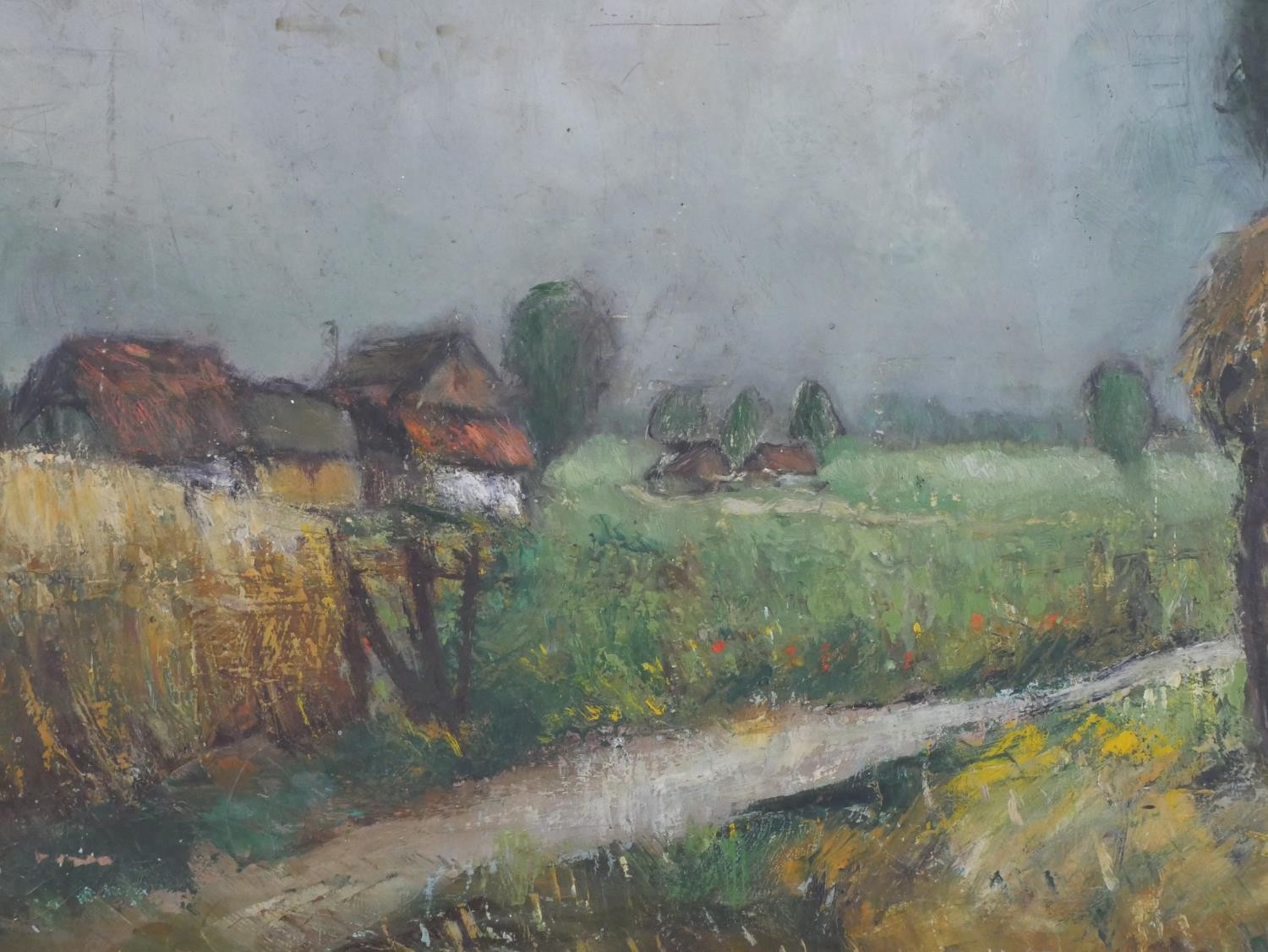 Rende, 20th century, Straw laden trailer on a track with village behind, oil on canvas, signed and - Image 3 of 7