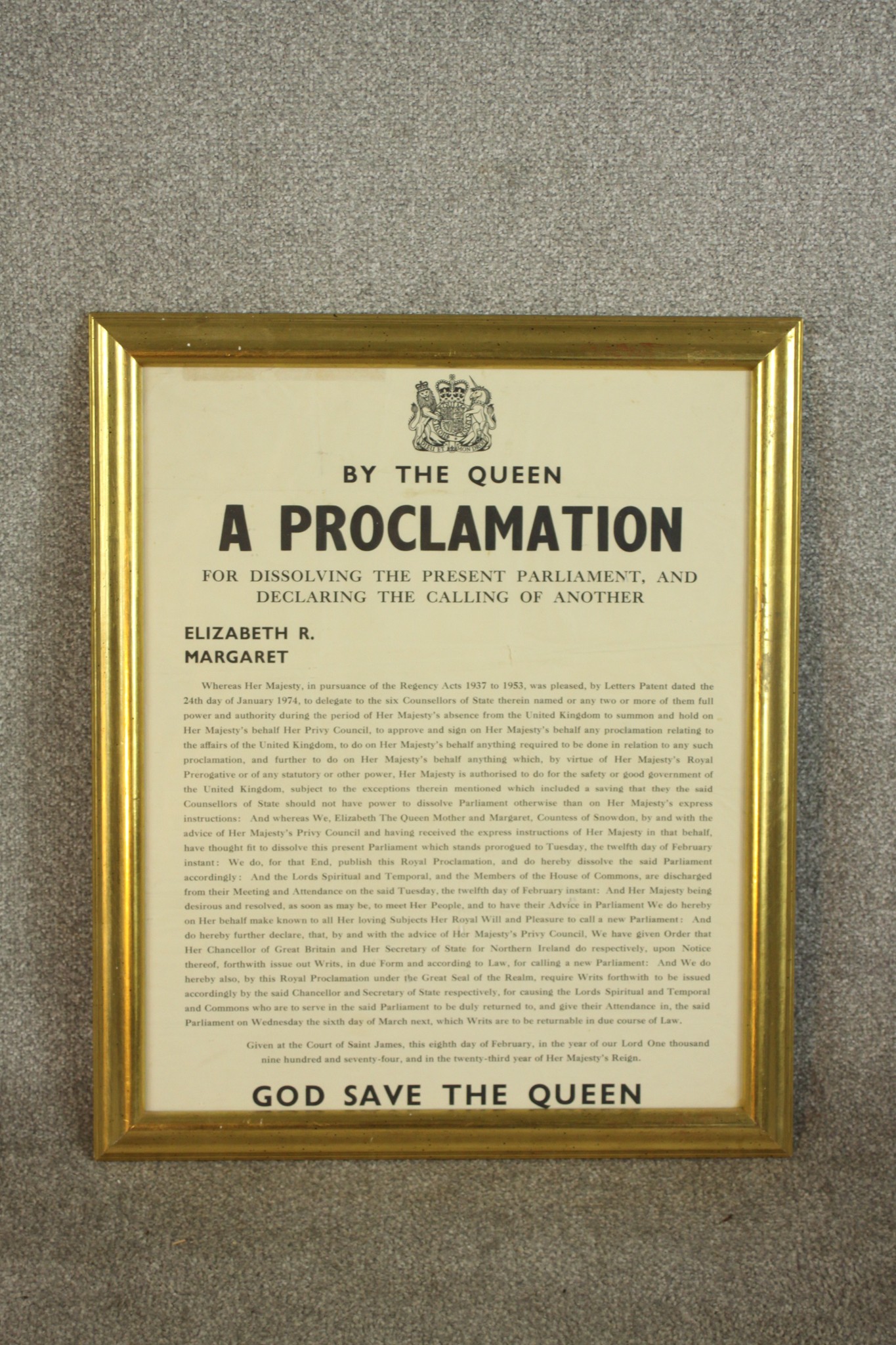 A mid 20th century framed proclamation certificate dated 8th February 1974. Dissolving one