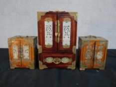 Three 20th century Chinese jewellery cabinets, with brass mounts and carved jade decoration, two