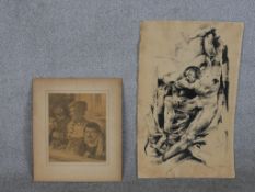 An unframed pencil drawing of three figures, signed E. Troney along with a signed lithographic print