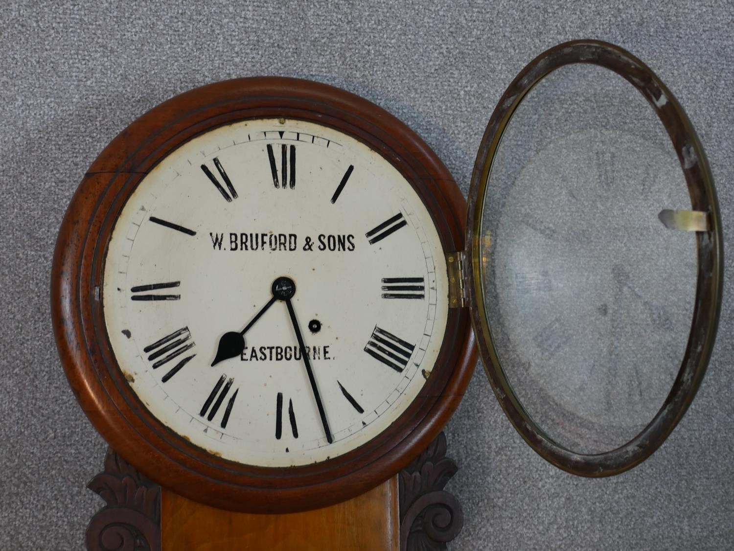 A late 19th/early 20th century drop dial wall clock, the enamelled dial with Roman numerals marked - Image 3 of 6