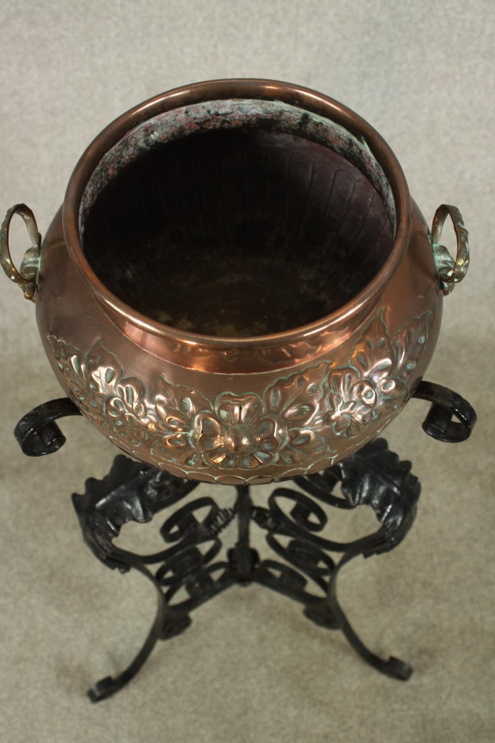 A late 19th / early 20th century copper planter, embossed with fluted decoration raised on painted - Image 5 of 6