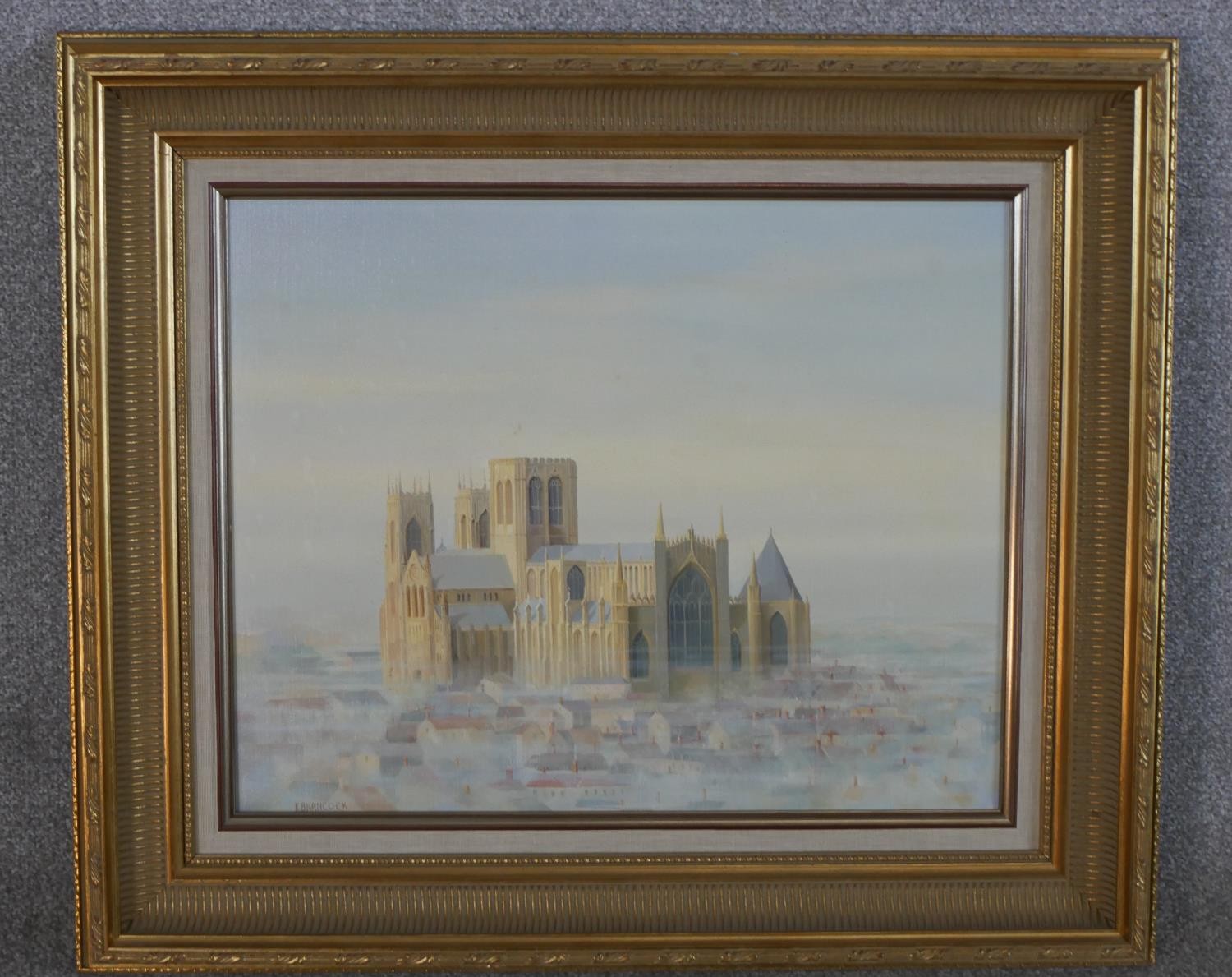 K. B. Hancock (20th century); York Minster in the Snow, acrylic on canvas, framed. H.60 W.70cm