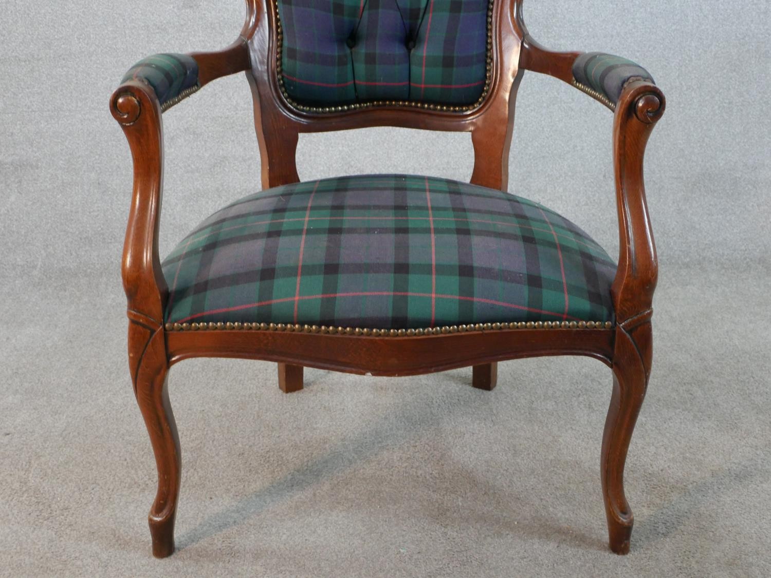 A early Victorian mahogany fauteil armchair with button back tartan fabric, with open arms, raised - Image 2 of 6