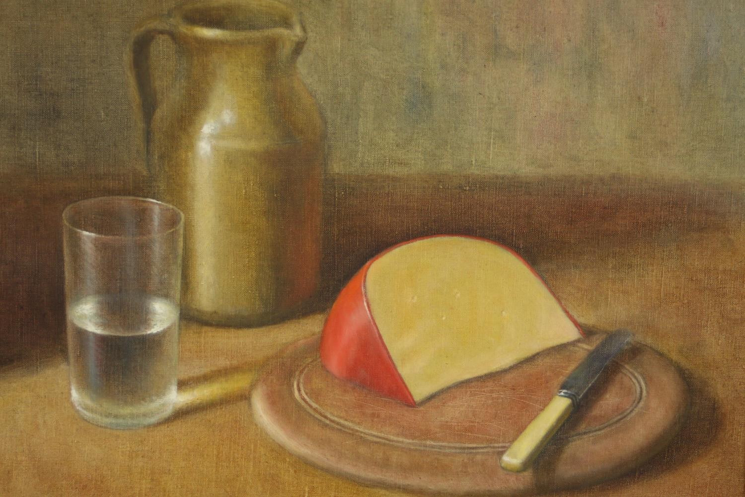 R. A. Bill (20th century), Still life of cheese with glass of water, signed and in a gilt frame. H. - Image 3 of 5
