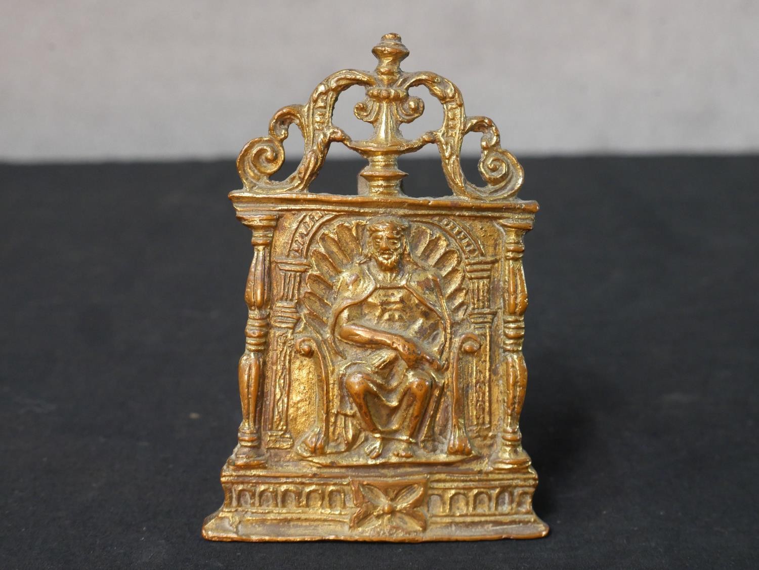 A 19th century gilt brass pocket easel shrine of a seated gentlemen together with a gilt brass - Image 2 of 6