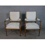 A pair of 19th century French Louis XVI style armchairs, with gilded carved and gesso frames,