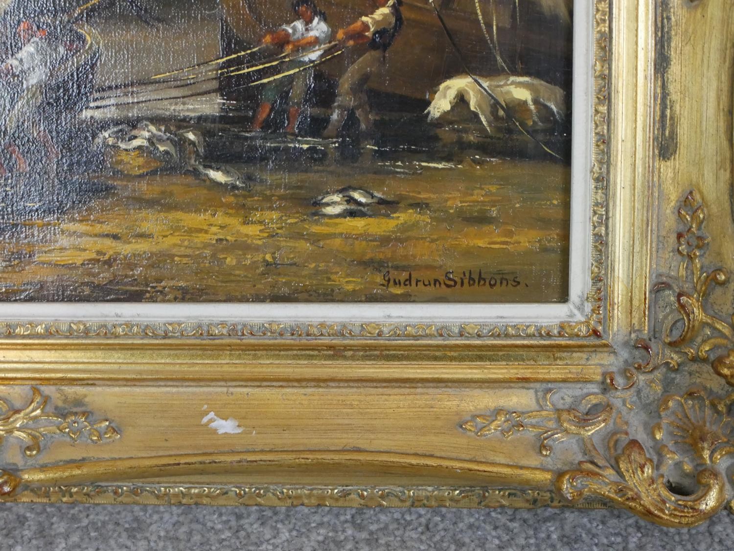 Gudrun Sibbons (1925 - ), Bringing in the Catch, oil on canvas, in a gilt frame. H.56 W.65cm - Image 3 of 5