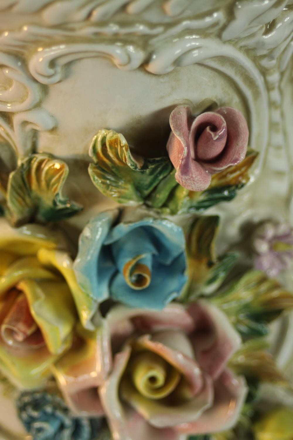 A 20th century Capodimonte pottery floral encrusted jug, the moulded hand in the form of vines and - Image 5 of 10