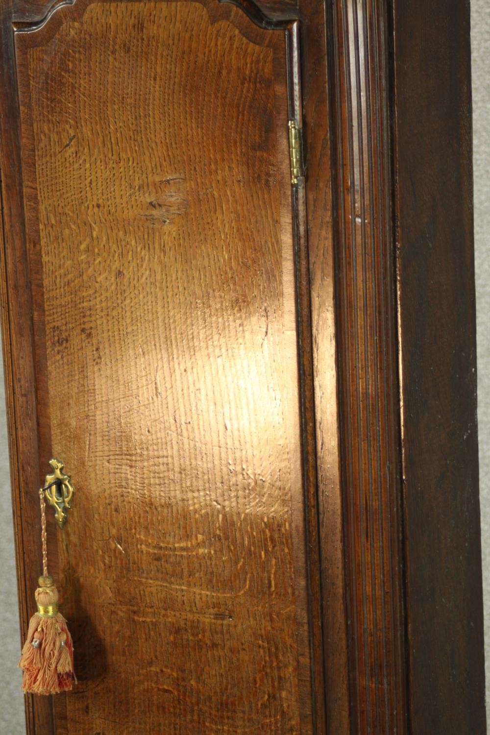 A 19th century oak cased longcase clock, with broken swan neck pediment and three brass finials - Image 4 of 11