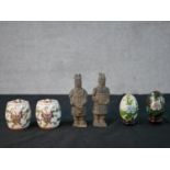 Assorted contemporary Chinese related items to include a pair of porcelain barrels painted with