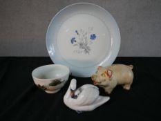 A collection of ceramics and porcelain, including a Royal Copenhagen porcelain swan and cygnet, a