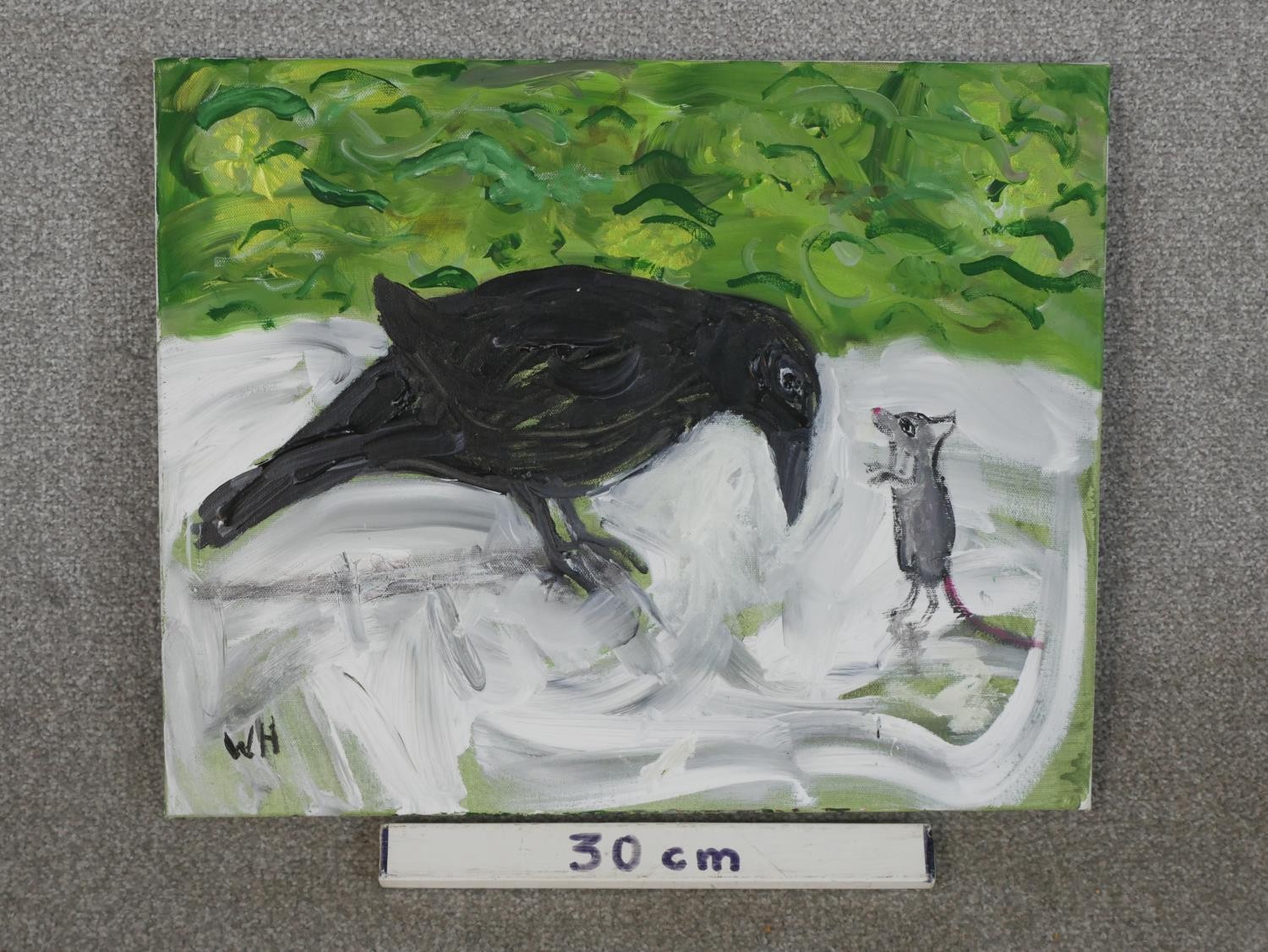 Wolf Howard, Crow and Mouse, acrylic on canvas, initialled, unframed, title, signed and dated verso. - Image 3 of 5