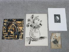 Four unframed prints comprising 20th century Abstract, indistinctly signed, a 20th century print