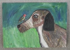 Wolf Howard, Bird on Dogs Nose, acrylic on canvas, intitalled, unframed, title, signed and dated