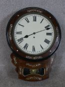 A 19th century Rosewood and mother of pearl inlaid drop dial wall clock, the white painted dial with