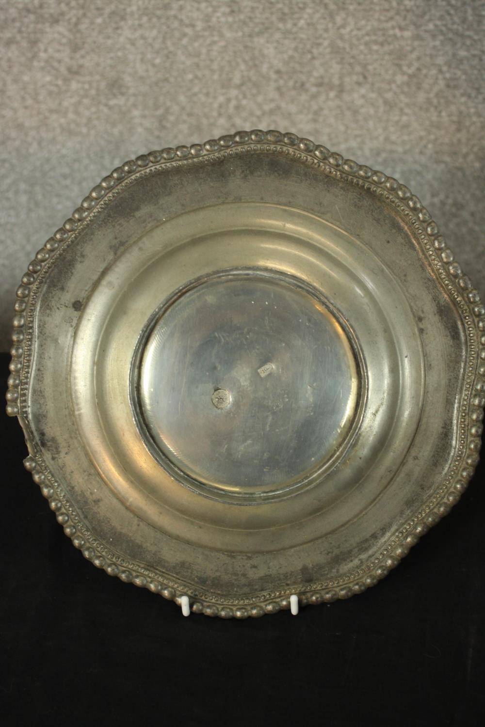 Three pieces of pewter comprising of pewter comprising of two chargers and a twin handled tureen and - Image 4 of 10