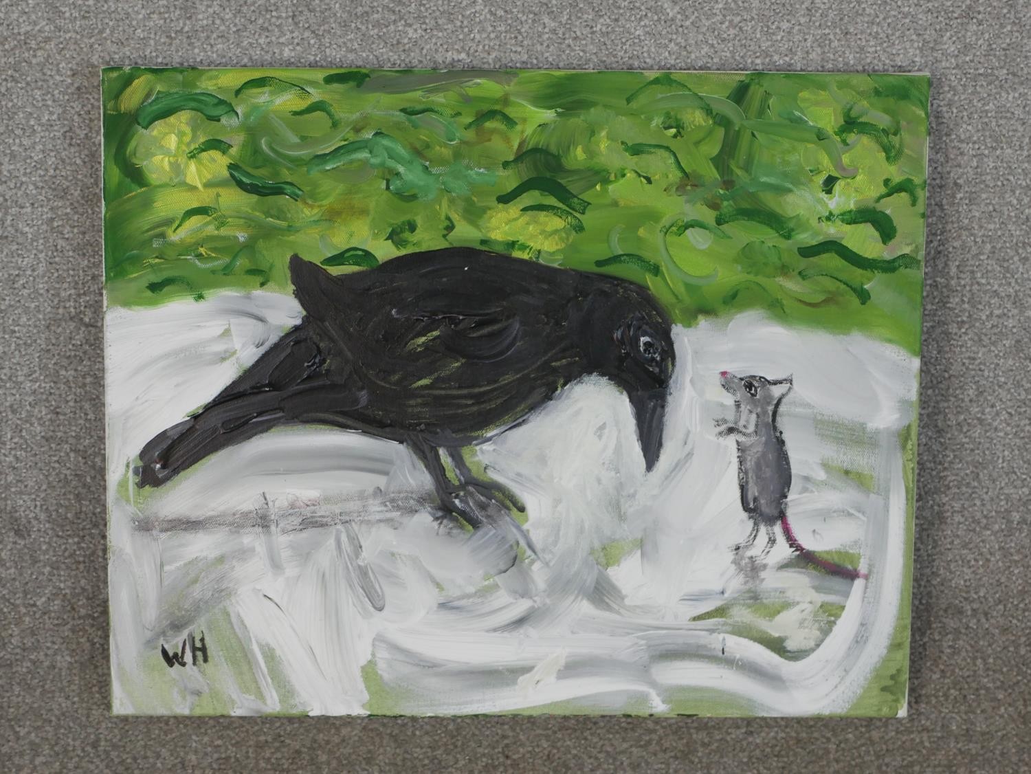 Wolf Howard, Crow and Mouse, acrylic on canvas, initialled, unframed, title, signed and dated verso. - Image 2 of 5