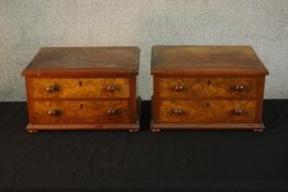A pair of early 20th century burr walnut table top two drawer jewellery boxes, with turned knop