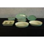 Seven assorted green painted Denby stoneware cooking dishes, comprising two oval lidded dishes and