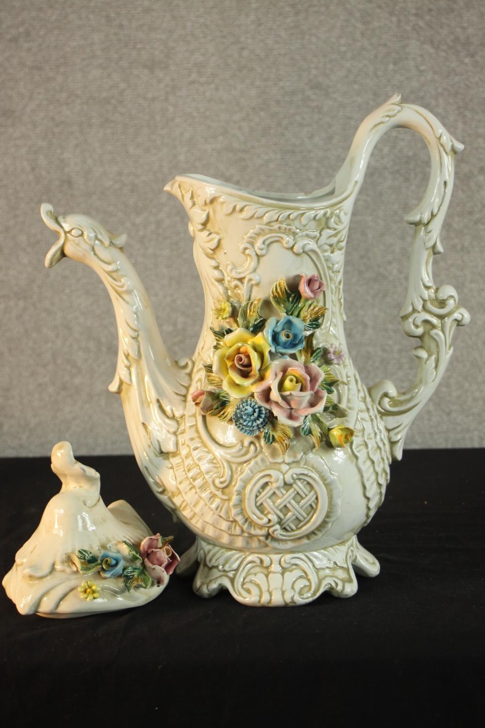 A 20th century Capodimonte pottery floral encrusted jug, the moulded hand in the form of vines and - Image 3 of 10