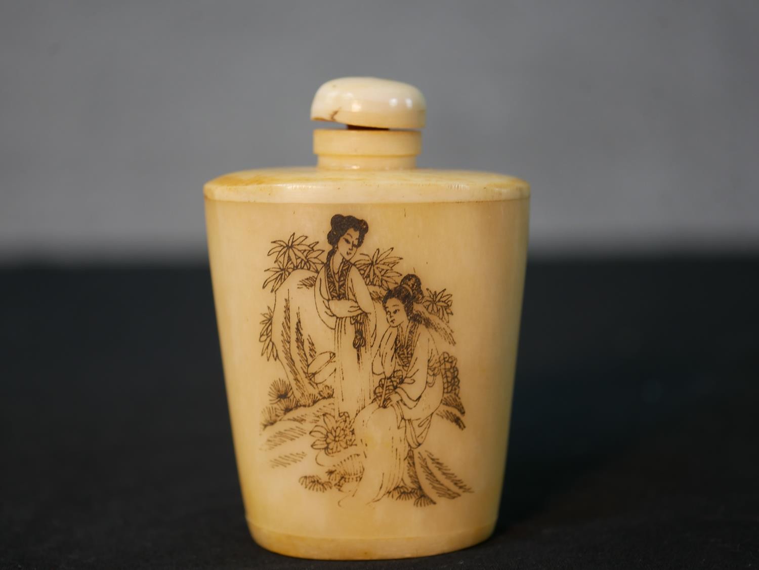 Three etched bone Chinese snuff bottles along with a Bavarian printed ceramic snuff bottle with - Image 2 of 10