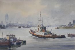 Sidney Cardew (B.1931), barges on the River Thames, watercolour on paper, signed and framed. H.68