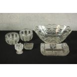 Six pieces of 20th century glass ware comprising of a pair circular dishes, pudding bowl,