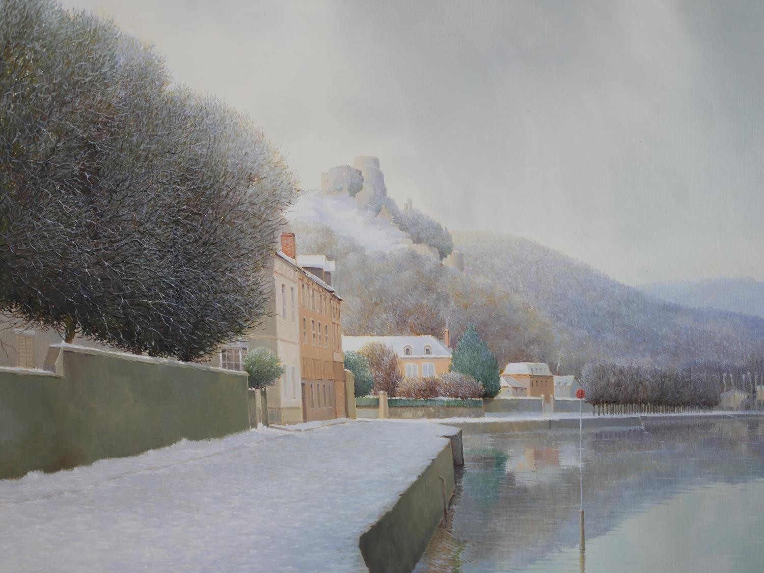 K. B. Hancock (20th century), Snow covered town with castle behind, acrylic on canvas, signed and - Image 4 of 5