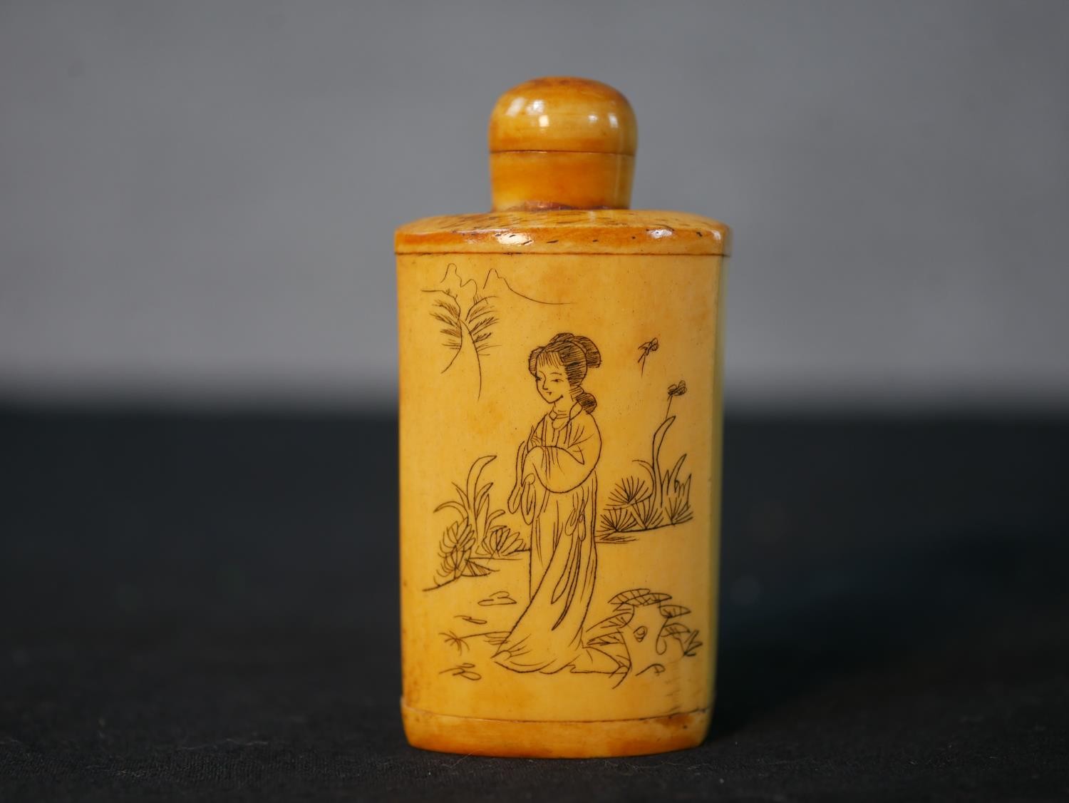 Three etched bone Chinese snuff bottles along with a Bavarian printed ceramic snuff bottle with - Image 4 of 10