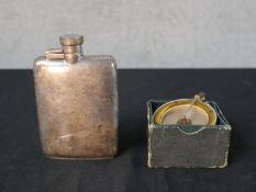 A silver plated hip flask together with a gramophone head. H.2 W.8 D.15cm (largest)